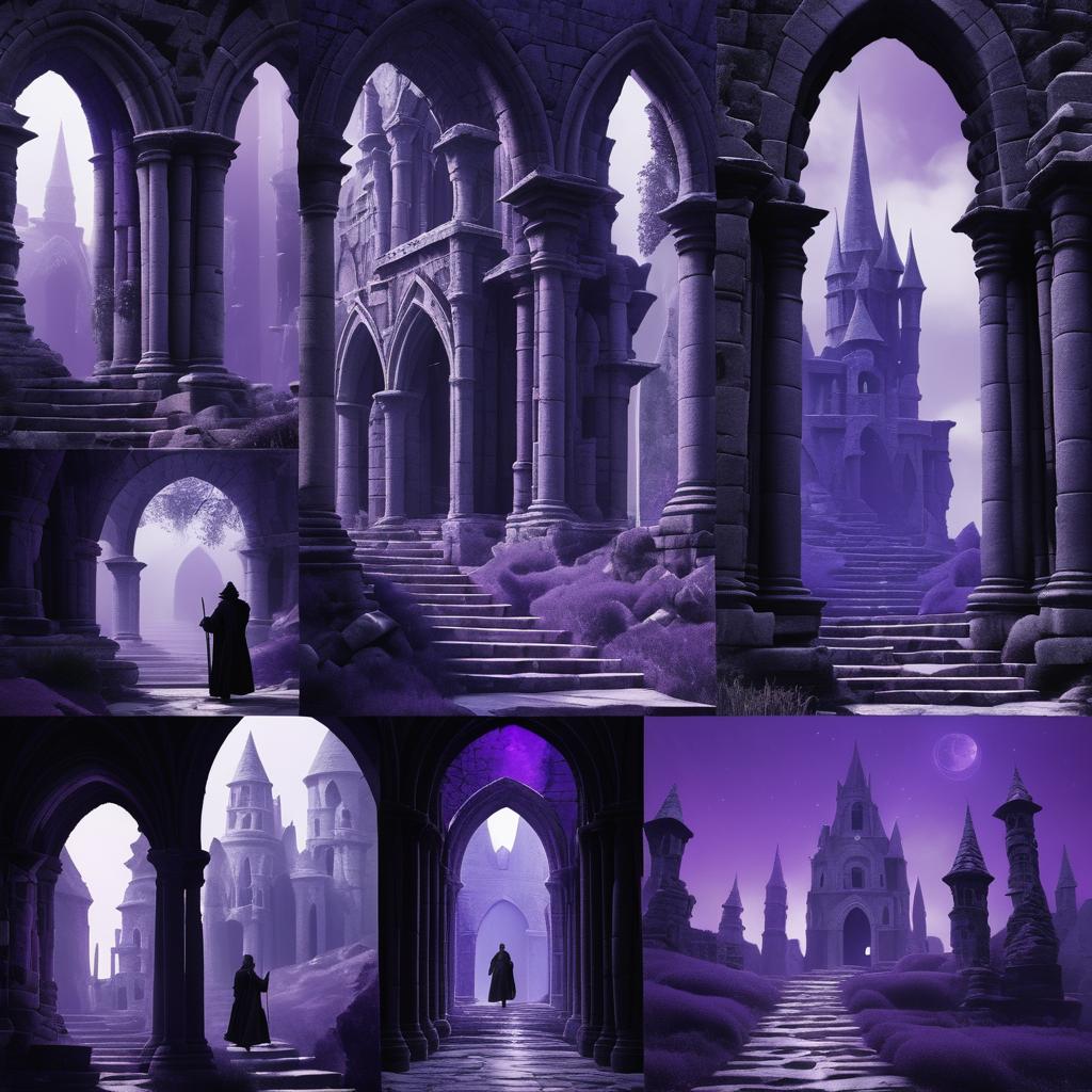 Gothic Wizard Among Ancient Stone Structures