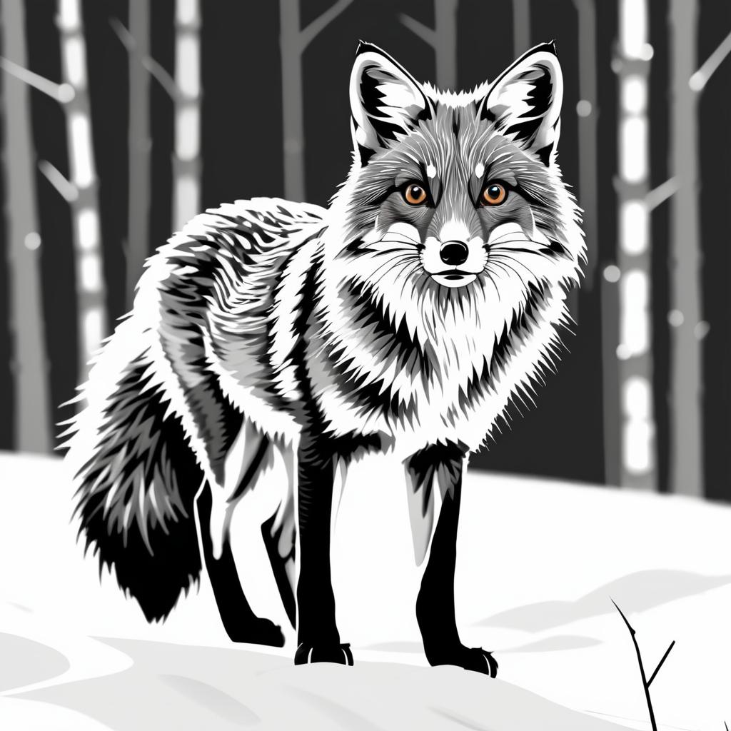 Startled Fox in Black and White Line Art