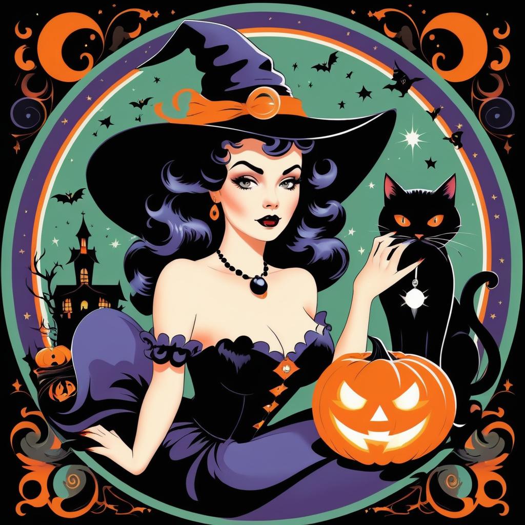 Vintage Pin-Up Witch in Halloween Style