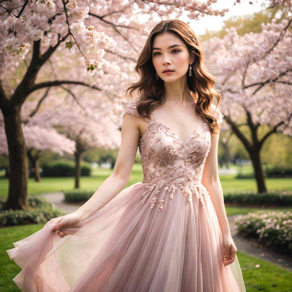 Petite Woman in Blush Tulle Gown