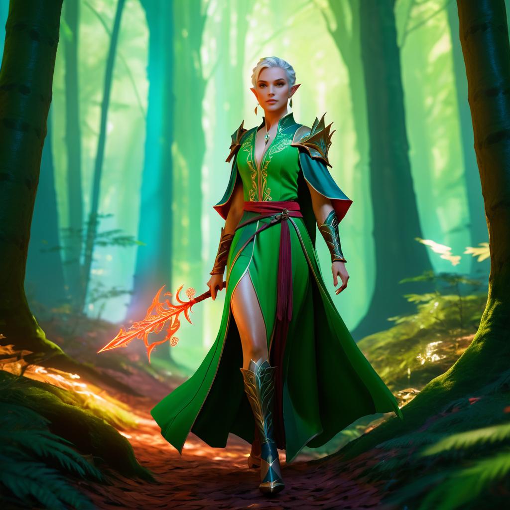 Elegant Elf in Vibrant Forest Landscape