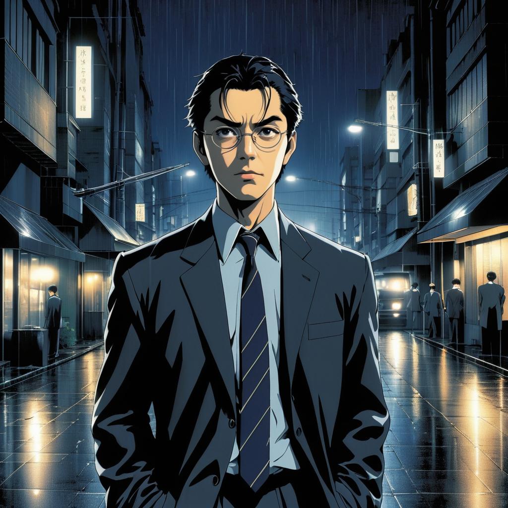 Determined Detective in Rainy Urban Scene