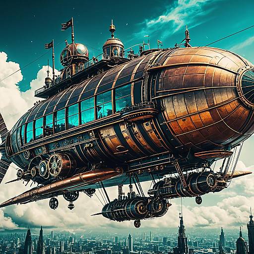 Steampunk Airship Over Cityscape