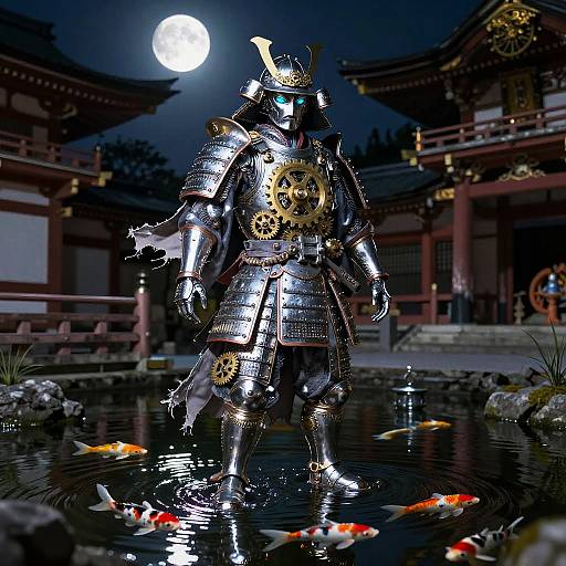 Clockwork Samurai Revenant in Moonlit Shrine