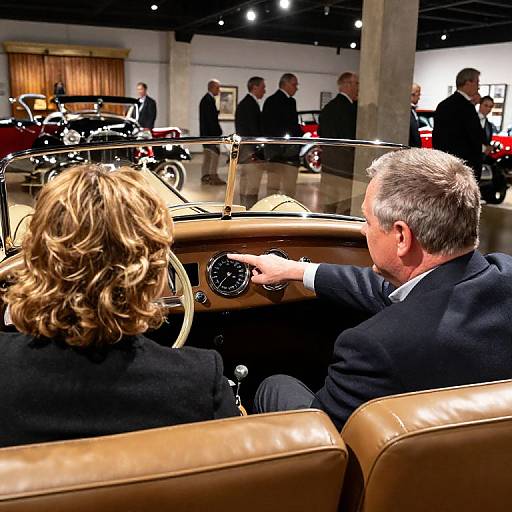 Photograph of a couple in a vintage car, seen from behind, attending a car show with elegantly dressed people and classic cars in the background.