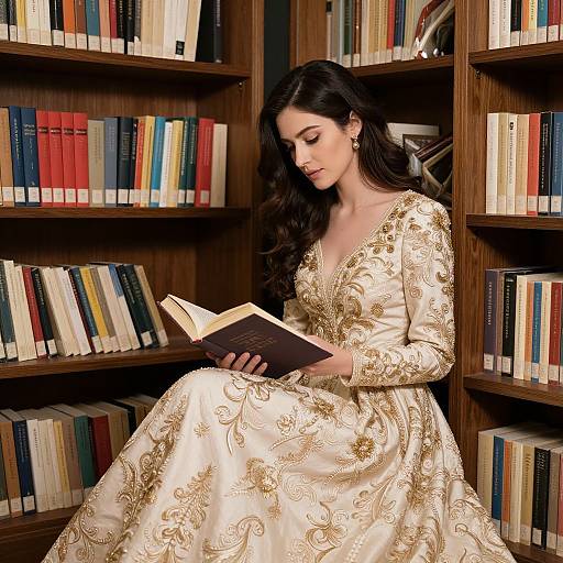 Photograph of a dark-haired woman in an ornate gold-embroidered cream dress, seated in a wooden bookshelf-filled library, reading a
