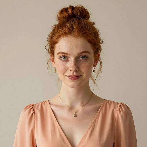 Portrait of Young Redhead Woman in Peach Dress