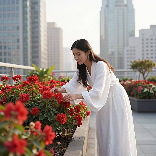 Photograph: Asian woman with long black hair, wearing a white robe, tends vibrant red flowers on a rooftop terrace, surrounded by city skyscrapers