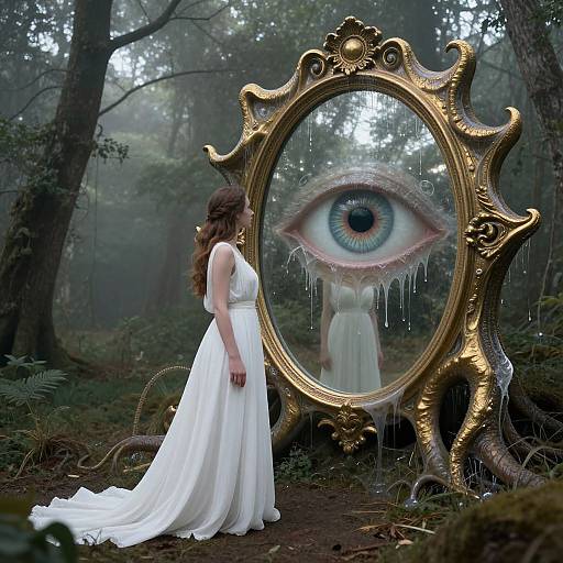 Photograph of a woman in a white dress standing in a foggy forest, gazing at an ornate gold mirror with a surreal, dripping eye