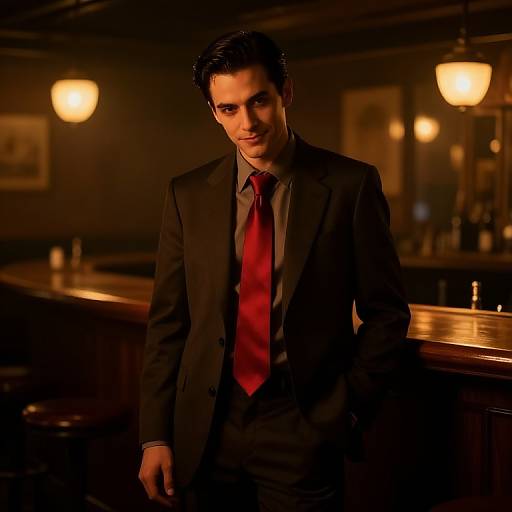 Photograph of a handsome man in a dark suit and red tie, standing in a dimly-lit, warm-toned bar with soft yellow lighting