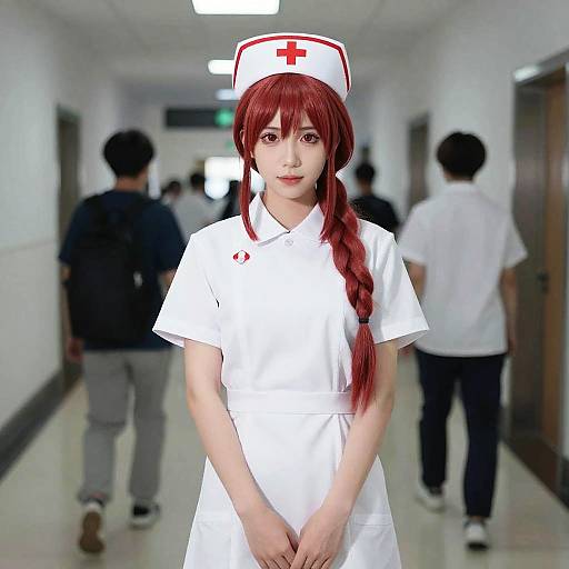 Woman in Nurse Cosplay Uniform in Hallway
