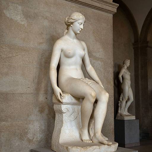 Photograph of a nude, classical-style marble statue of a seated woman with detailed hair and serene expression, against a textured stone wall, with a smaller