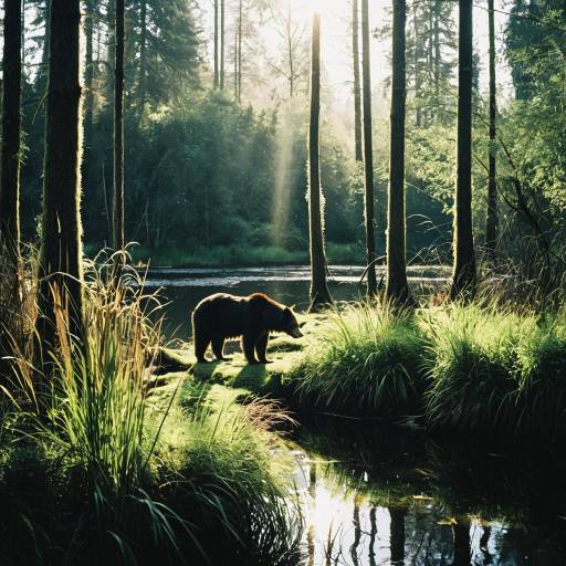 Bear in Sunlit Forest Wetland
