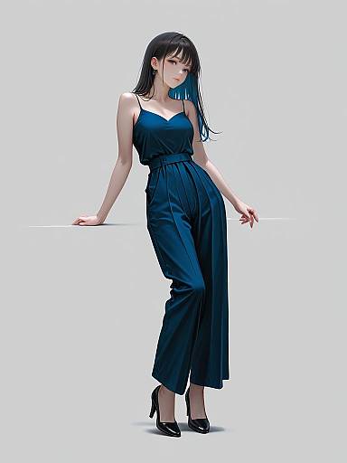 Digital art of a slender, black-haired woman in a blue, strapless jumpsuit and black high heels, leaning against a white surface.
