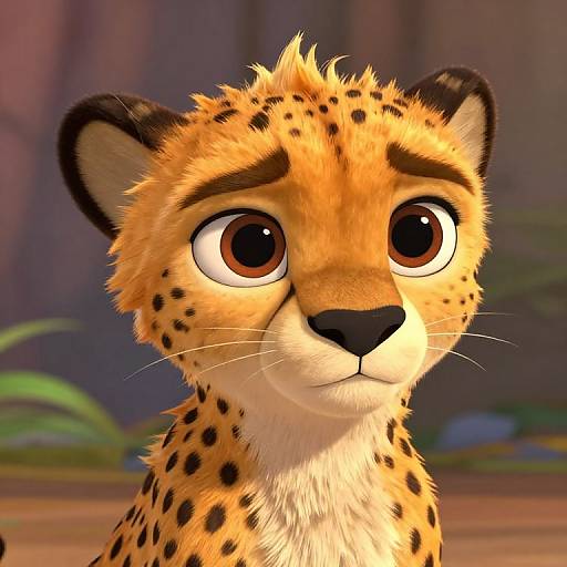 CGI close-up of a cute, wide-eyed, anthropomorphic cheetah with orange fur and black spots, looking surprised, set against a blurred