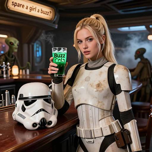 Digital artwork of a blonde woman in white, dusty Stormtrooper armor holding a green 