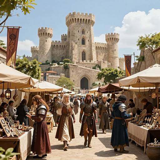 Photograph of a medieval market with people in medieval attire, under white tents, surrounded by a castle with tall towers. Bright daylight, blue sky,