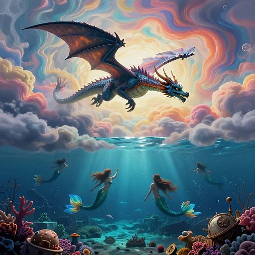 Digital fantasy artwork of a vibrant blue dragon soaring above an underwater scene with mermaids, colorful coral, and sunlight filtering through wavy clouds.
