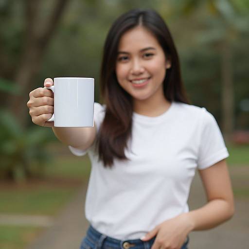 Young Woman Holding White Mug Outdoors