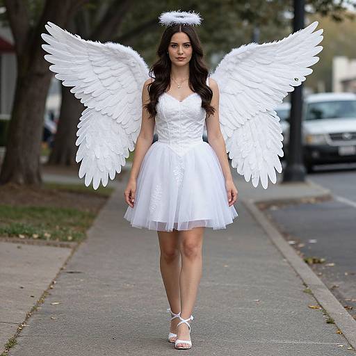 Woman in White Fallen Angel Costume