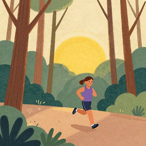 Digital illustration of a woman with brown hair in a ponytail, wearing a purple tank top and black shorts, running on a forest path with tall trees