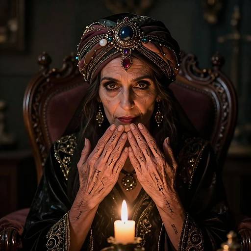 Photograph of an elderly man with tattoos, dark long hair, and ornate headpiece, hands covering mouth, illuminated by a candle, in a