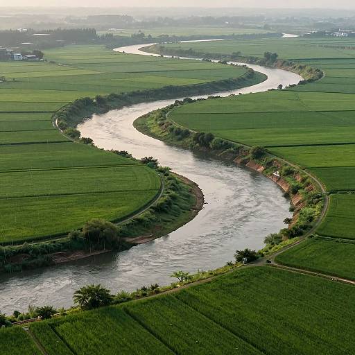 Aerial photograph of a winding river cutting through lush, green, patchwork farmland under a misty, overcast sky.