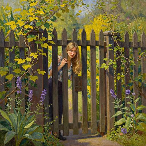 Digital painting of a blonde girl peeking through a wooden fence, surrounded by vibrant yellow flowers, purple blossoms, and green foliage. Sunlit,