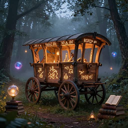 Magical wooden cart with glowing runes and symbols, illuminated by fire and floating orbs, in a misty forest at twilight.