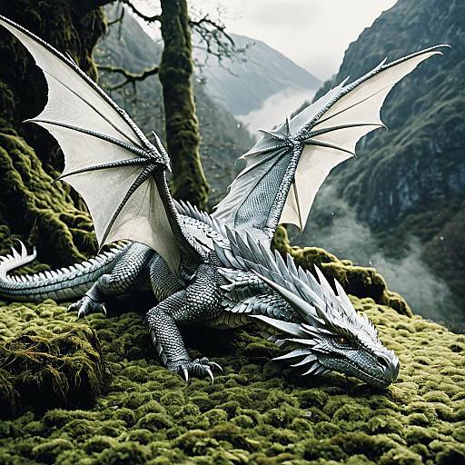 Silvery Gray Dragon Resting on Moss in Misty Valley