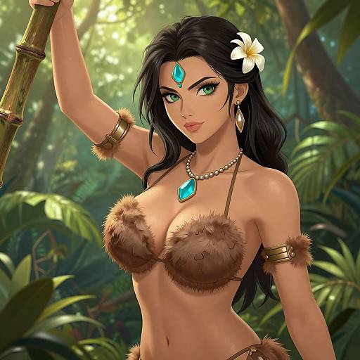 Digital artwork of a green-eyed, dark-haired woman in a jungle, wearing a fur bikini, gold jewelry, and a blue gemstone forehead piece,
