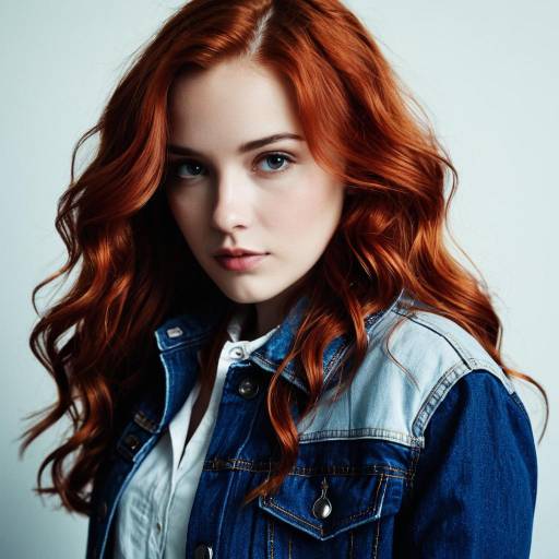 Young Woman with Wavy Red Hair in Denim Jacket