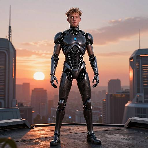 Photorealistic CGI of a blond man in a sleek, black, high-tech suit standing on a rooftop at sunset, city skyline in background.