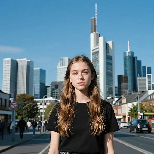 Photograph of a young woman with long brown hair, wearing a black t-shirt, standing on a city street with modern skyscrapers and clear blue
