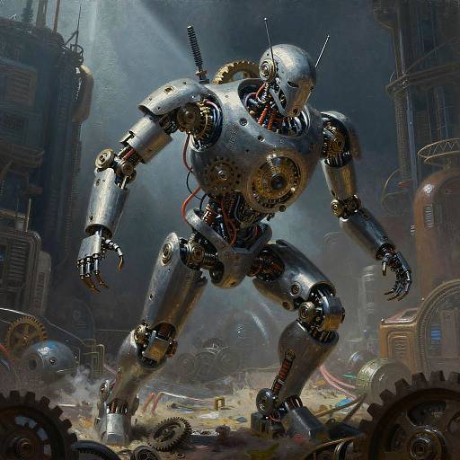 Photorealistic CGI of a silver, humanoid robot with exposed gears and wires, standing in a dark, industrial, steampunk-style factory.
