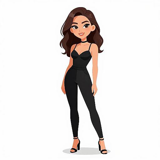Digital cartoon of a smiling woman with long brown hair, wearing a black spaghetti strap jumpsuit and high heels, standing confidently.