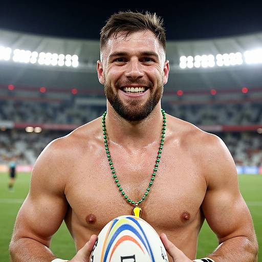 Muscular Bearded Man Holding Rugby Ball