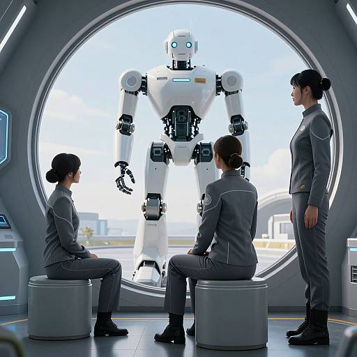 Photograph of three women in gray uniforms seated on stools, facing a large window with a white humanoid robot standing outside. Modern, futuristic interior.