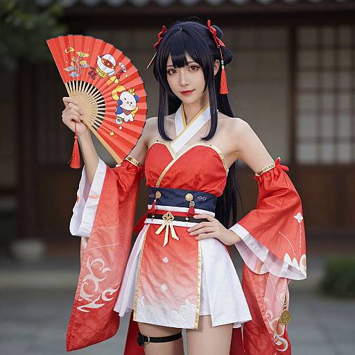 East Asian cosplayer in red and white kimono, holding red fan with floral designs, standing outdoors in traditional Japanese setting.