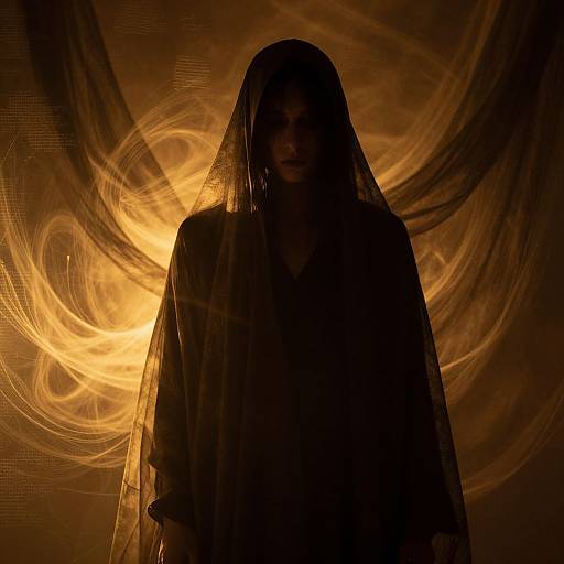 Silhouetted figure in dark veil, illuminated by swirling golden light against a black background, creating a mysterious, ethereal effect. Photograph.