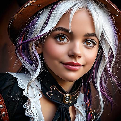 Digital portrait of a young woman with white and purple hair, brown eyes, wearing a brown hat and black lace-trimmed outfit.
