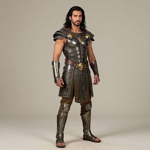 Photograph of a muscular man with long black hair and beard, wearing ancient Greek-style silver armor, brown leather belt, and sandals. White background.
