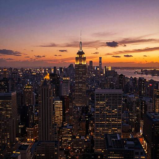 Photograph of New York City skyline at sunset, with the Empire State Building silhouetted against a vibrant orange and purple sky.