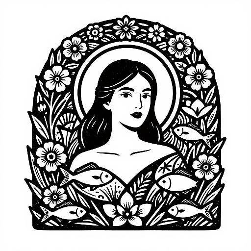 Black and white illustration of a serene woman with long hair, framed by a circular wreath of detailed flowers and leaves.