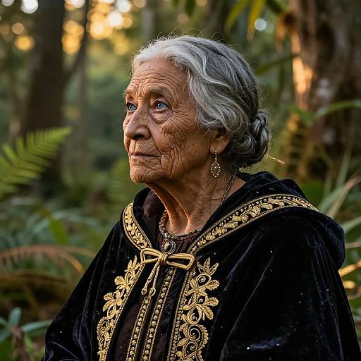 Photograph of an elderly woman with grey hair, wearing an ornate black velvet robe, standing in a lush, sunlit forest.