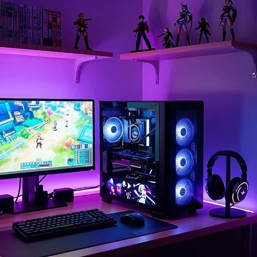 Photograph of a neon-lit gaming desk with dual monitors, blue-lit speaker towers, headphones, and action figure figurines on shelves.