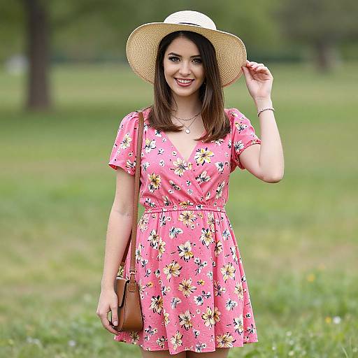 Photograph of a smiling young woman in a pink floral dress, straw hat, and brown shoulder bag, standing in a green park.