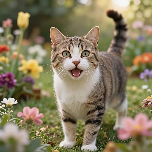 Photograph of a tabby cat with white chest and paws, wide-eyed and mouth open, walking through a colorful garden filled with blooming flowers