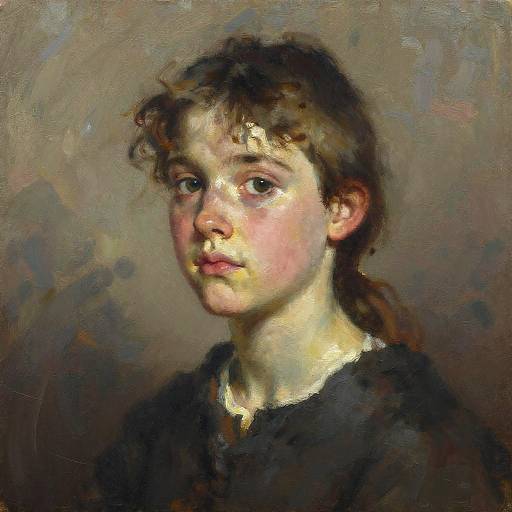 Oil painting of a young girl with fair skin, brown curly hair, and large brown eyes, wearing a black top, against a textured, muted background