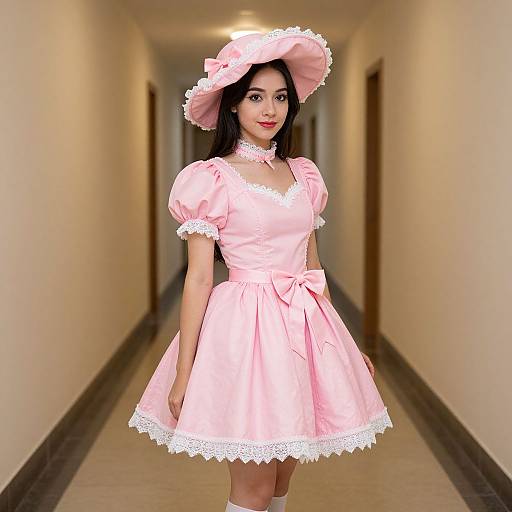 Photograph of a young Asian woman with long black hair, wearing a pink, puffed-sleeve, lace-trimmed dress, matching hat